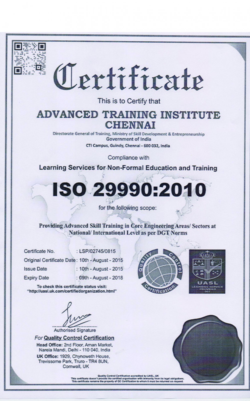 First ISO Certification Body to Certify the First Govt. Advanced Training Institute (ATI), Chennai for ISO 29990:2010 Standard